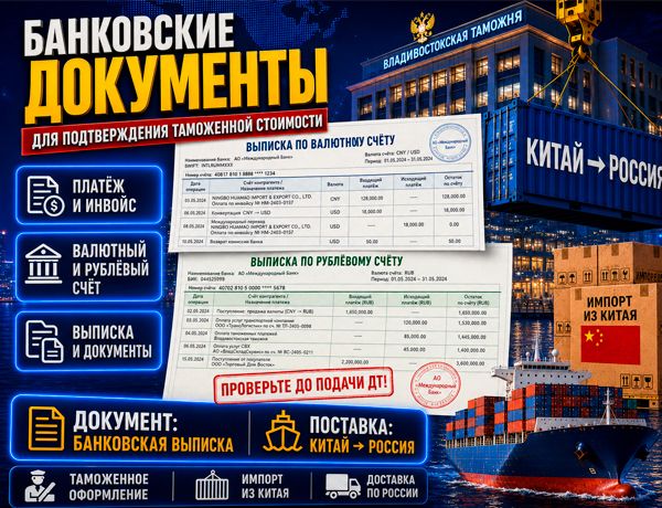 Банковские документы для подтверждения таможенной стоимости — выписка по валютному и рублёвому счёту при импорте из Китая