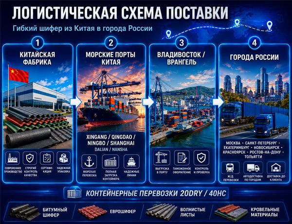 Логистическая схема доставки гибкого шифера из Китая через морские порты Китая, Владивосток и Врангель в города России