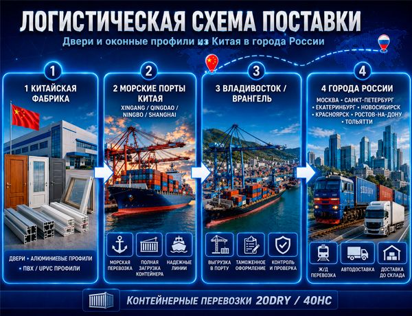 Логистическая схема импорта дверей и оконных профилей из Китая через морские порты Китая, Владивосток и Врангель в города России