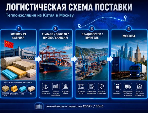 Схема доставки теплоизоляции из Китая через Xingang, Qingdao, Ningbo и Shanghai во Владивосток и Врангель до Москвы