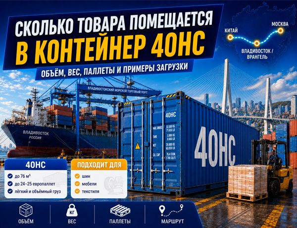 Сколько товара помещается в контейнер 40HC — объём 76 м³, вес, европаллеты и доставка через Владивосток и Врангель