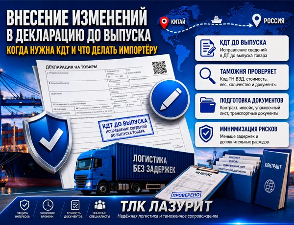 Внесение изменений в декларацию до выпуска товара — КДТ при импорте из Китая и таможенное оформление ТЛК ЛАЗУРИТ