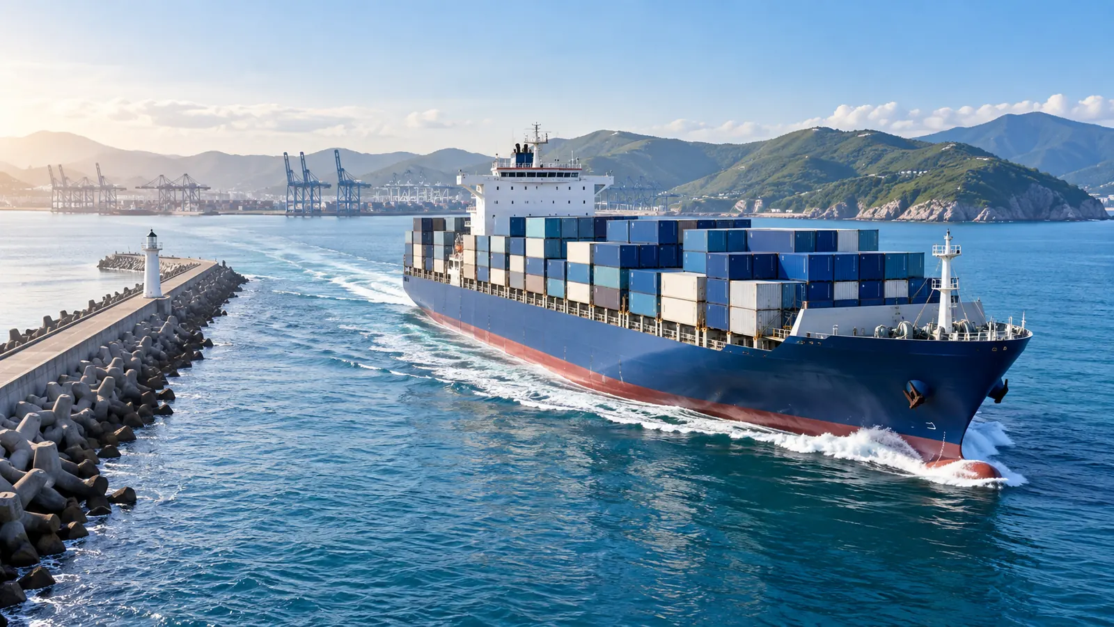 Контейнеровоз у портового волнолома — иллюстрация к морским перевозкам HUB Shipping