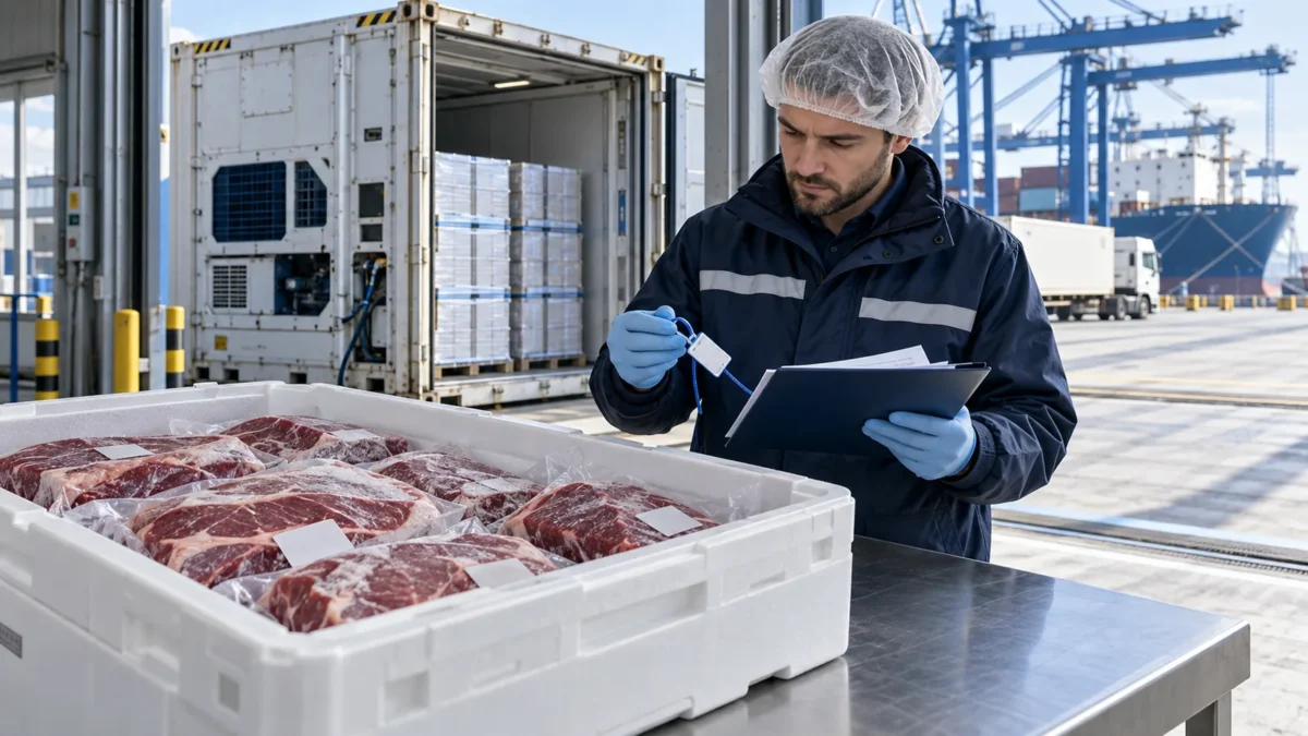 Специалист проверяет документы рядом с упакованным замороженным мясом и рефрижераторным контейнером в порту